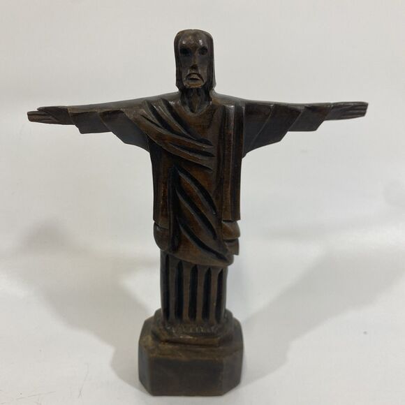 Carved Wood ‘Christ The Redeemer’ 8.75” Vintage Sculpture Figurine, Rio Souvenir - Picture 1 of 11